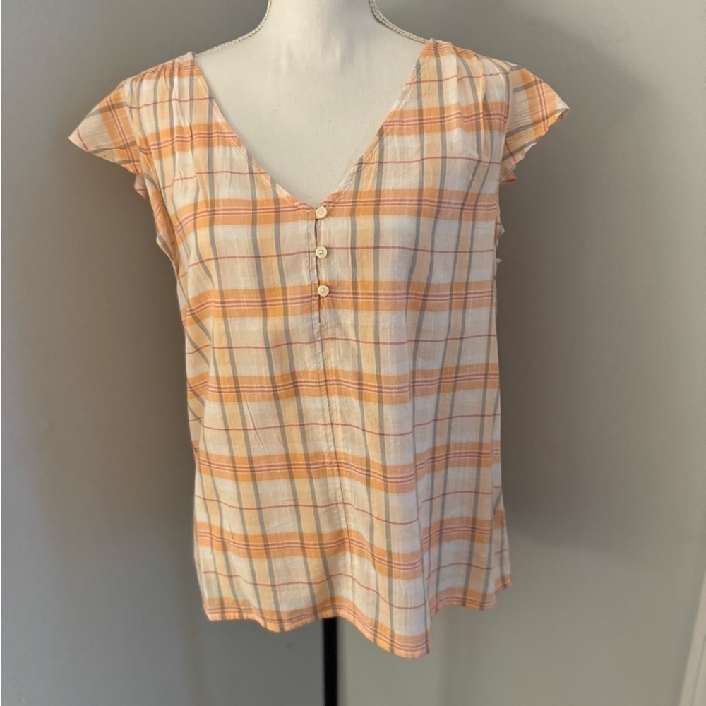 NWT Gap Cotton Top Light Orange /white Plaid Window Pane Cap Sleeve Blouse Med